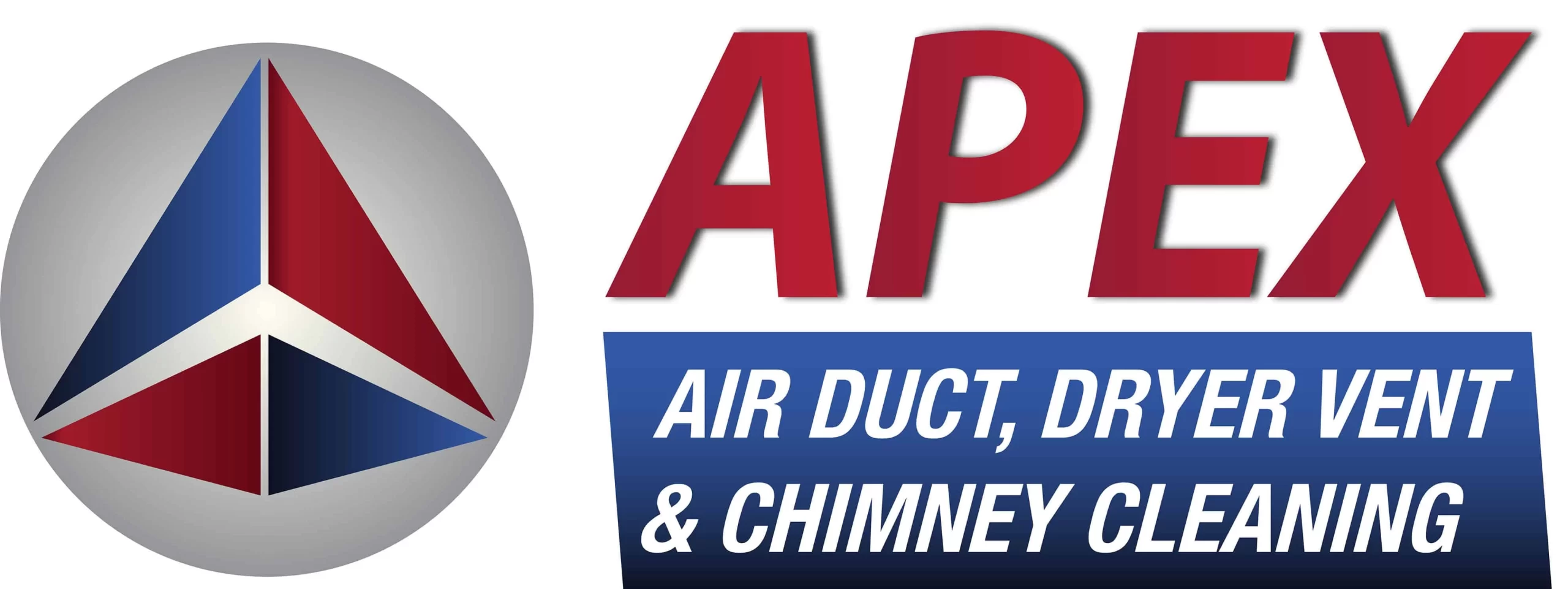 A logo featuring a red and blue geometric triangle sits beside bold red "APEX" text, with blue below reading "AIR DUCT, DRYER VENT & CHIMNEY CLEANING," highlighting expert dryer vent cleaning New Jersey and air duct services New Jersey.