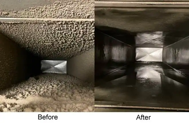 Side-by-side view of an air duct interior; the left is covered in thick dust and debris labeled "Before," while the right is clean and shiny, labeled "After," showcasing the results of professional air duct services New Jersey.