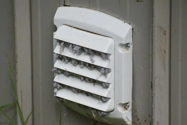A white outdoor vent cover, clogged with lint and debris, is attached to the exterior wall of a building. Grass appears at the bottom left corner&mdash;highlighting the need for dryer vent cleaning New Jersey to ensure proper airflow and safety.