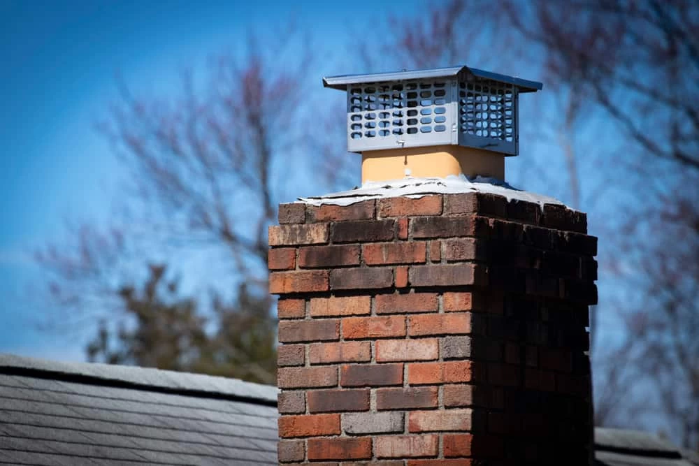 A close-up of a brick chimney with a metal chimney cap on top, set against a blue sky and blurred trees in the background. Snow lightly covers the top edges&mdash;ideal for showcasing dryer vent cleaning New Jersey services.