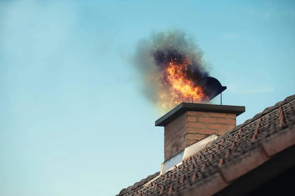 Flames and dark smoke pour from a brick chimney on a house roof against a clear blue sky, indicating a chimney fire. Regular air duct services New Jersey can help prevent such hazards and keep your home safe.