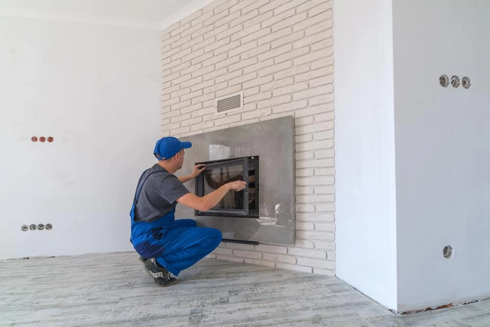 A worker in blue overalls and cap installs or repairs a glass fireplace door on a white brick wall in a modern, unfurnished room with light-colored wooden flooring, where air duct services New Jersey are also available.