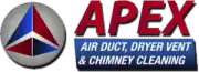 A logo with a red and blue triangular emblem on the left and the words "APEX AIR DUCT, DRYER VENT & CHIMNEY CLEANING" in bold red and white text on the right, highlighting professional air duct services New Jersey.