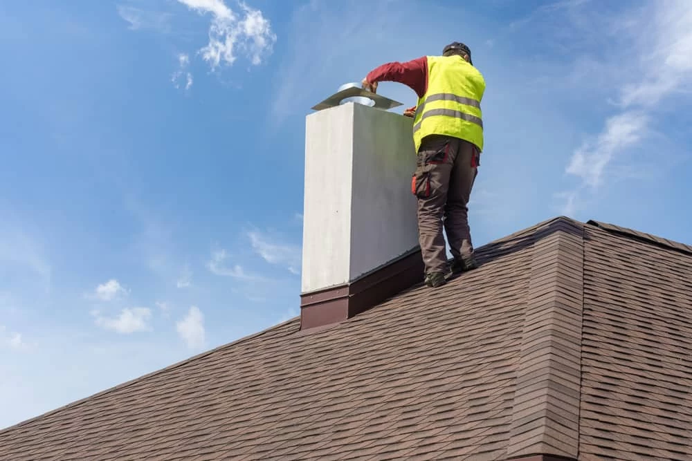 A worker in a yellow safety vest stands on a sloped roof, inspecting or repairing a white chimney&mdash;possibly as part of air duct services New Jersey&mdash;against a blue sky with scattered clouds.