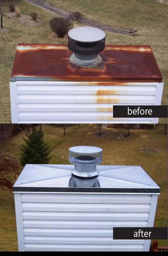 Two images of a chimney cap: the top shows a rusty, stained cover labeled "before;" the bottom displays a clean, shiny, silver cover labeled "after." Trust us for chimney or dryer vent cleaning New Jersey residents rely on for lasting results.