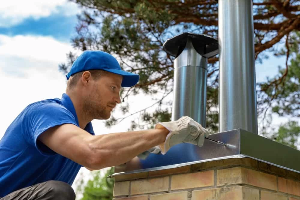 A man in a blue shirt and cap uses a screwdriver to install or repair a metal chimney, possibly as part of air duct services New Jersey, on a brick structure outdoors, with trees and a blue sky in the background.
