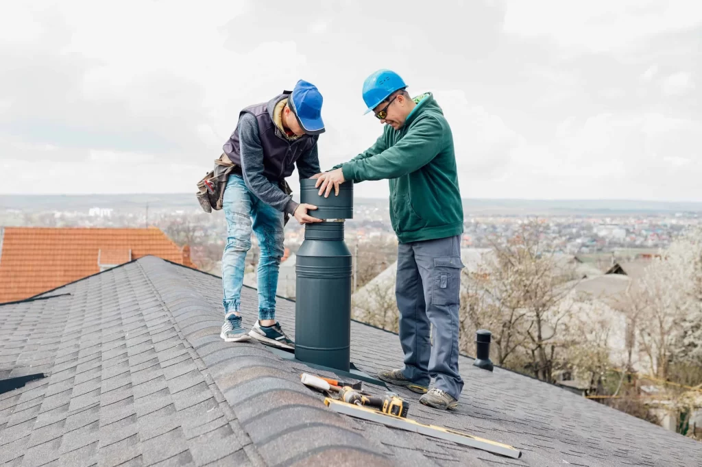 Two workers wearing helmets and safety gear install a metal chimney or vent pipe on a shingled rooftop, tools lying nearby, with a scenic view of houses and trees&mdash;showcasing professional air duct services New Jersey residents can trust.