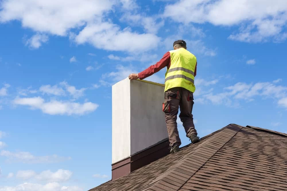A worker in a yellow safety vest stands on a sloped shingle roof, inspecting a chimney against a blue sky with scattered clouds, as part of dryer vent cleaning New Jersey services.