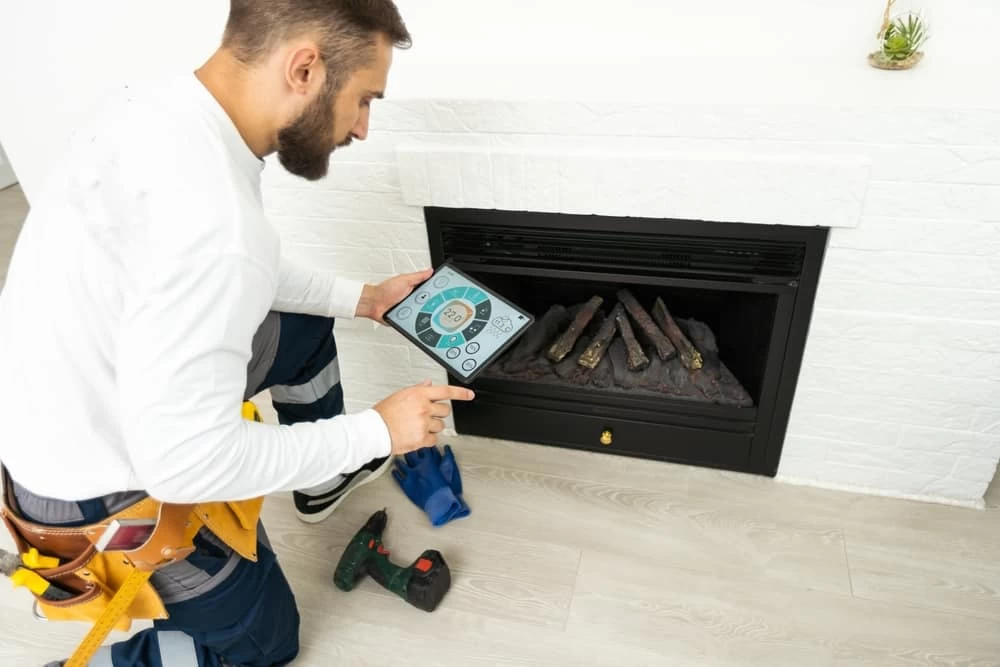 A man kneels in front of a fireplace, holding a digital control panel. Tools, including a drill and blue gloves for air duct services New Jersey, are on the floor beside him. The fireplace has artificial logs and a white brick surround.