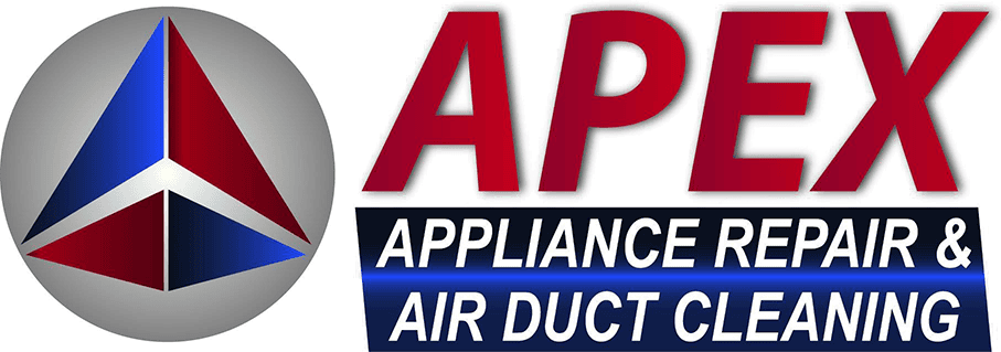 Logo for "APEX Appliance Repair & Air Duct Cleaning" featuring a red and blue triangular emblem on the left and bold red and white text on the right, representing expert air duct services New Jersey trusts.