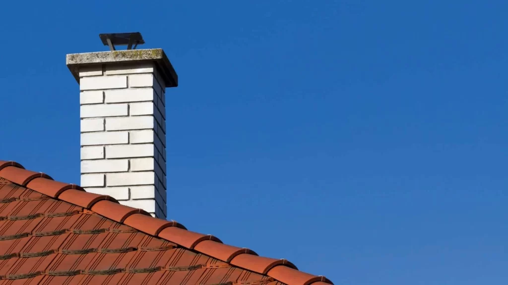 A white brick chimney with a cap rises above a red tiled roof against a clear blue sky, highlighting the importance of regular air duct services New Jersey homeowners trust.