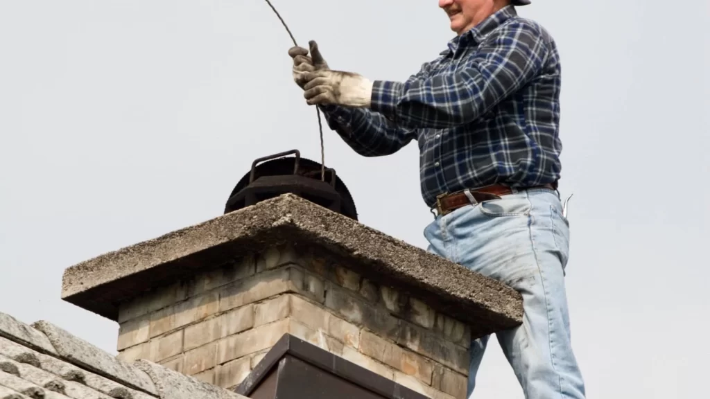 A person wearing gloves, jeans, and a plaid shirt stands on a roof, cleaning a brick chimney with a long rod or brush&mdash;much like professionals offering air duct services New Jersey rely on&mdash;on a cloudy day.