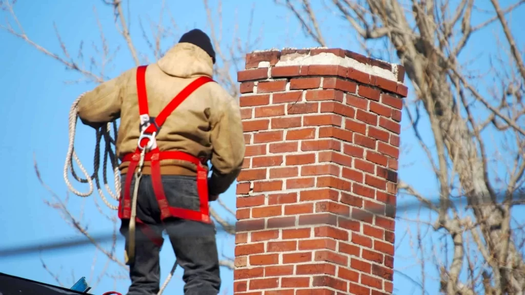 A person wearing a safety harness and winter clothing stands next to a red brick chimney, working on a rooftop&mdash;air duct services New Jersey ensure safe and clean airflow, with leafless trees and blue sky in the background.