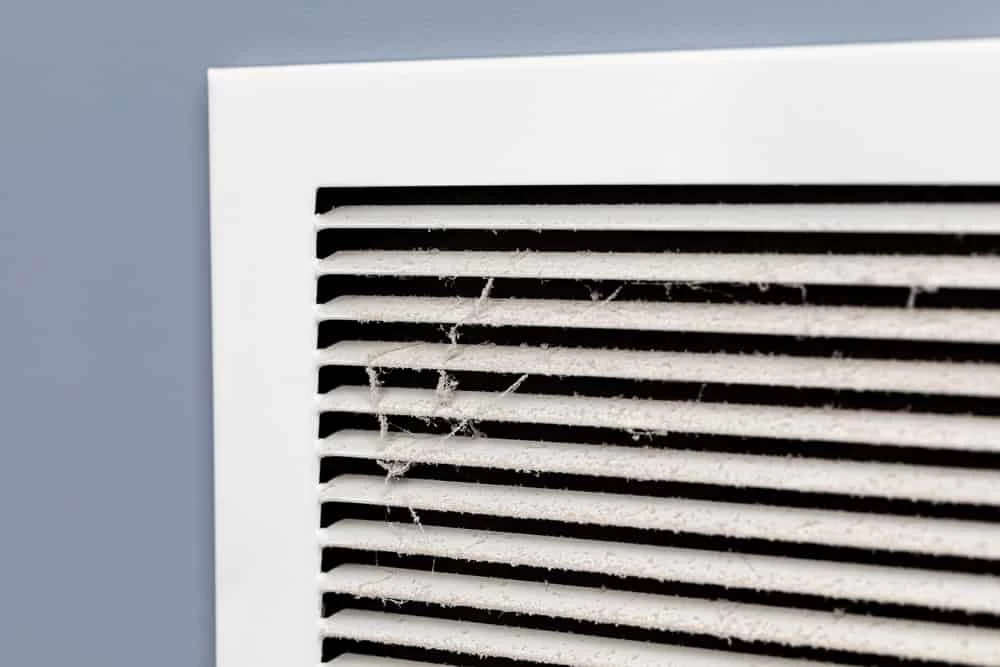 A close-up of a white air vent cover with visible dust and cobwebs on the slats, mounted on a light gray wall&mdash;a clear sign you may need air duct services New Jersey professionals recommend.