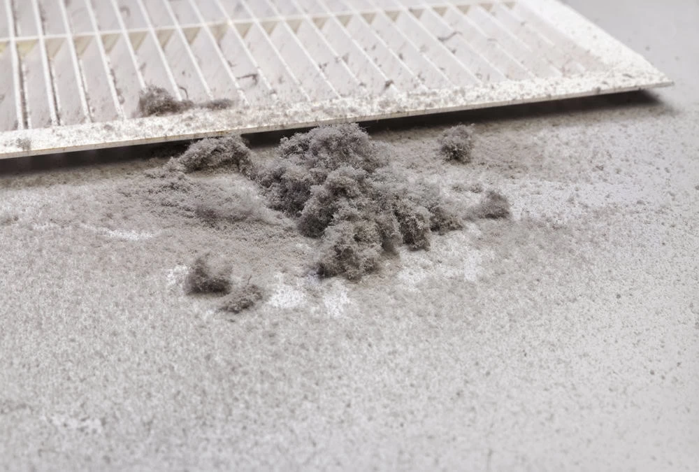 A pile of gray dust and lint sits on a white surface next to a dirty air filter, highlighting the need for dryer vent cleaning New Jersey experts recommend.