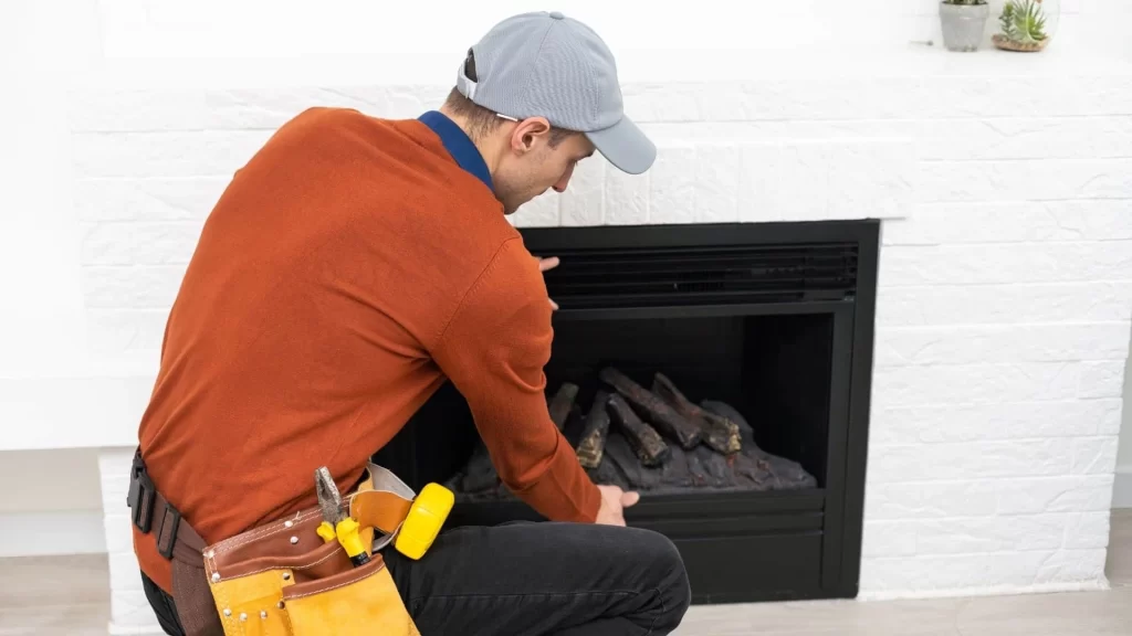 A person wearing a cap, orange sweater, and tool belt kneels in front of a fireplace with a white brick surround, inspecting or adjusting artificial logs&mdash;much like they would during air duct services New Jersey homeowners trust.
