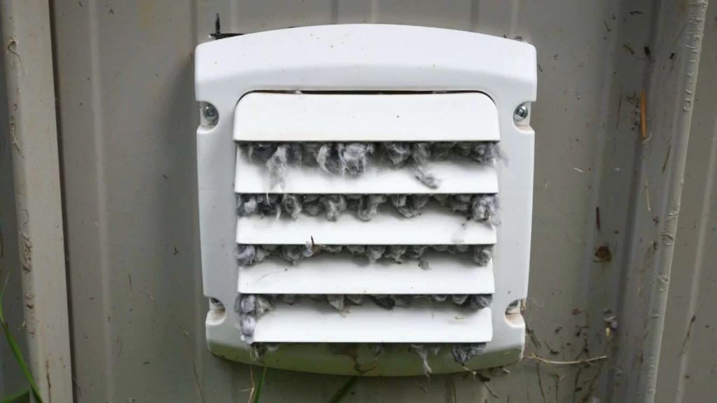 A white exterior vent cover clogged with gray lint and debris blocks the airflow. The vent, mounted on a beige wall above some grass, highlights the need for dryer vent cleaning New Jersey to ensure safety and efficiency.