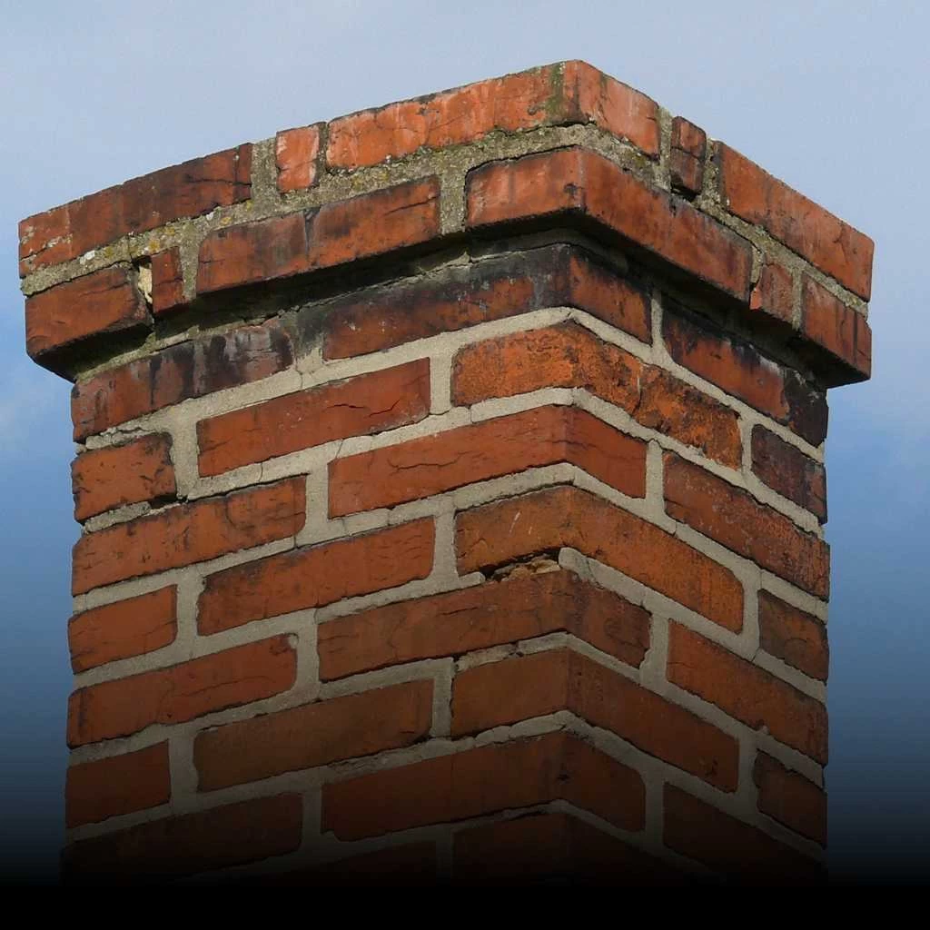 A close-up view of the top section of a red brick chimney, showing weathered mortar and bricks against a cloudy blue sky&mdash;a reminder of the importance of regular air duct services New Jersey homeowners rely on.