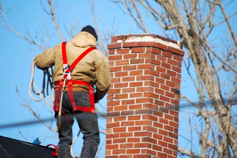A person in winter clothing and a safety harness stands on a roof beside a tall brick chimney, holding a rope&mdash;perhaps preparing for dryer vent cleaning New Jersey&mdash;framed by bare tree branches against a clear blue sky.