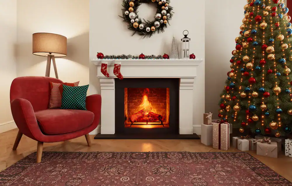 A cozy living room decorated for Christmas with a red armchair, lit fireplace, wreath above the mantel, stockings, a decorated tree, wrapped gifts, and a floor lamp&mdash;perfectly fresh thanks to expert air duct services New Jersey.