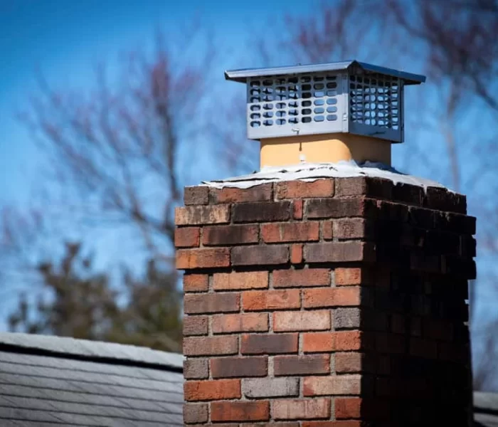 A close-up of a brick chimney with a metal chimney cap on top, set against a blue sky and blurred trees in the background. Snow lightly covers the top edges&mdash;ideal for showcasing dryer vent cleaning New Jersey services.