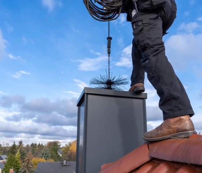 A person stands on a tiled roof, cleaning a chimney with a brush on a flexible rod under partly cloudy skies. Rooftops and trees are visible in the background, illustrating the importance of regular air duct services New Jersey homeowners need.